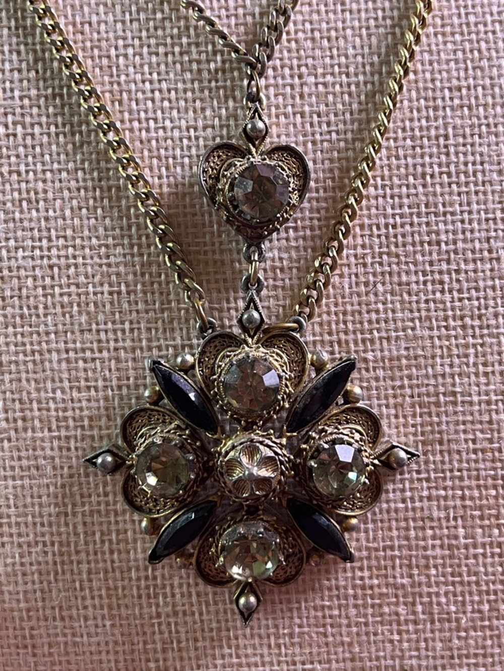 Vtg Florenza Quatrefoil Etruscan Maltese Rhinestone Cross Pendant Necklace